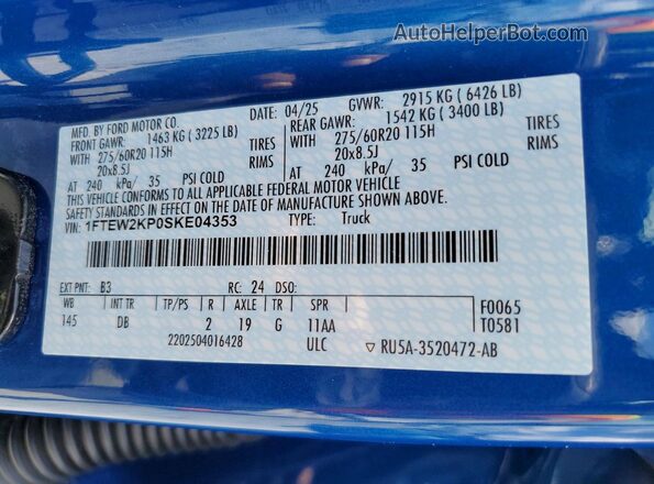 1FTEW2KP0SKE04353 2025 FORD F150 Blue Widok naklejki z numerem VIN