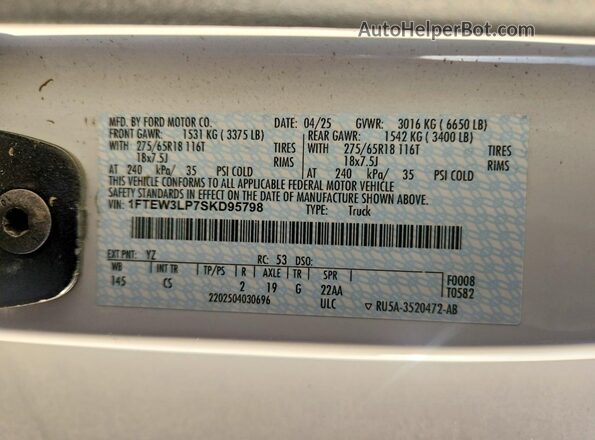 1FTEW3LP7SKD95798 2025 FORD F150 White Widok naklejki z numerem VIN