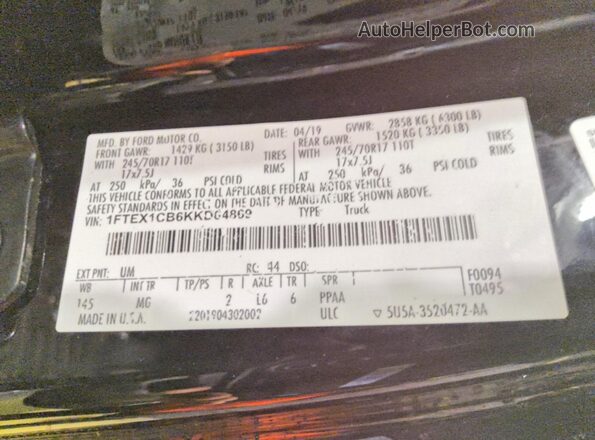 1FTEX1CB6KKD64869 2019 FORD F150 Black VIN կոդի պիտակի տեսք
