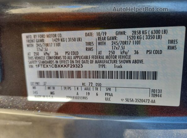 1FTEX1CBXKKF29323 2019 FORD F150 Gray Widok naklejki z numerem VIN