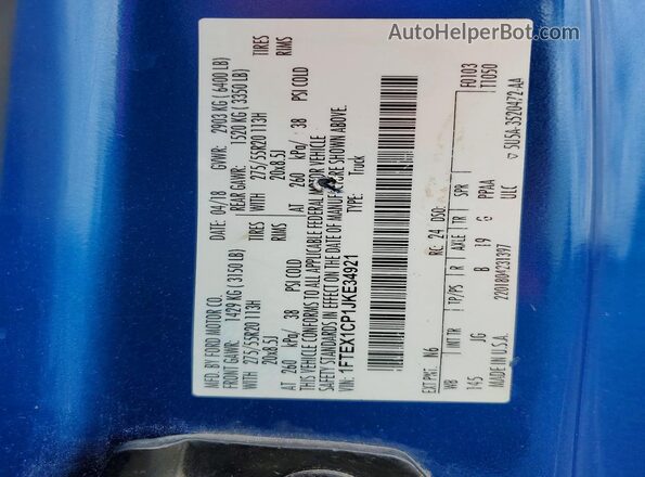 1FTEX1CP1JKE34921 2018 FORD F150 Синий Вид наклейки с VIN-кодом