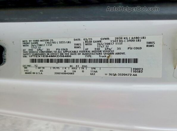 1FTEX1EB4MKD58486 2021 FORD F150 White ძრავის განყოფილების ხედი