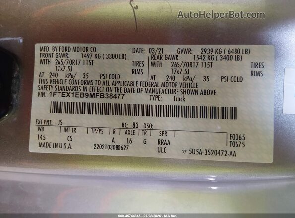 1FTEX1EB9MFB38477 2021 FORD F150 Silver Widok komory silnika