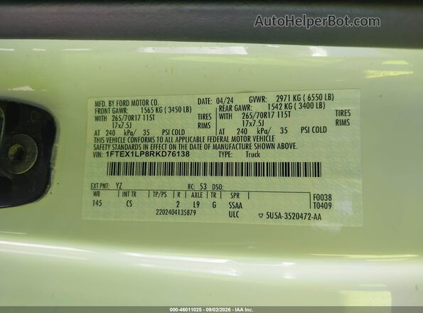 1FTEX1LP8RKD76138 2024 FORD F150 White Widok komory silnika