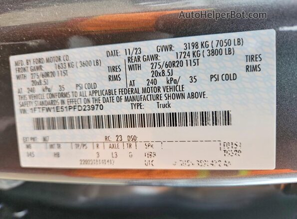 1FTFW1E51PFD23970 2023 FORD F150 Gray VIN sticker view