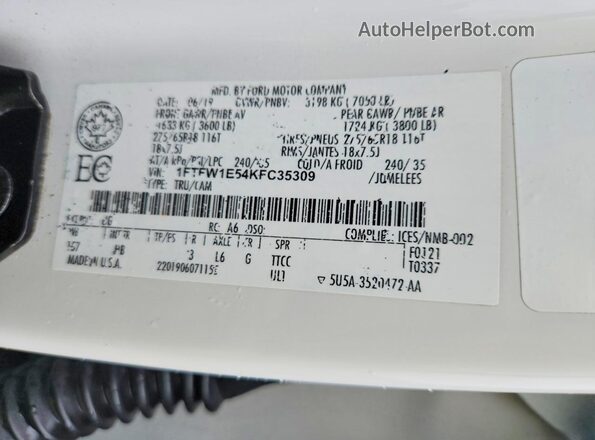 1FTFW1E54KFC35309 2019 FORD F150 White Engine compartment view
