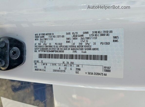1FTFW1E84MFB63850 2021 FORD F150 White Շարժիչի բաժամունքի տեսք