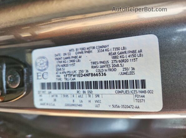 1FTFW1ED4NFB66536 2022 FORD F150 Серый Вид подкапотного пространства
