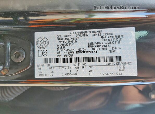 1FTFW1ED9NFB20474 2022 FORD F150 Black Вид підкапотного простору