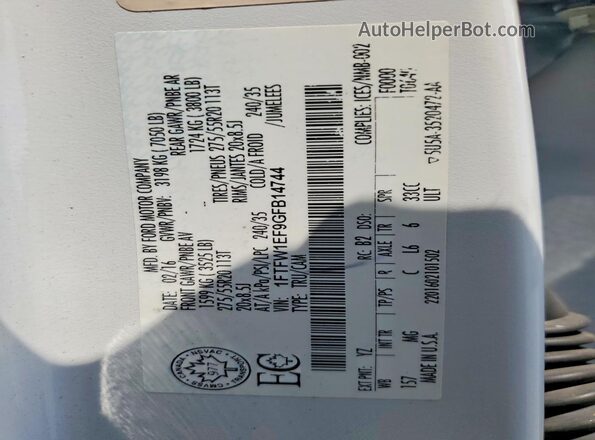1FTFW1EF9GFB14744 2016 FORD F150 White Widok komory silnika