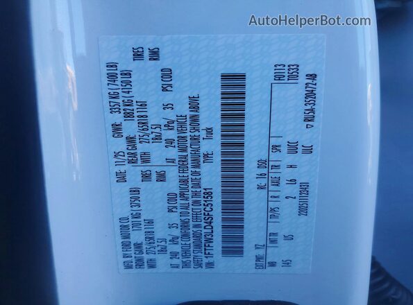 1FTFW3LD4SFC51581 2025 FORD F150 White Вид наклейки з VIN-кодом