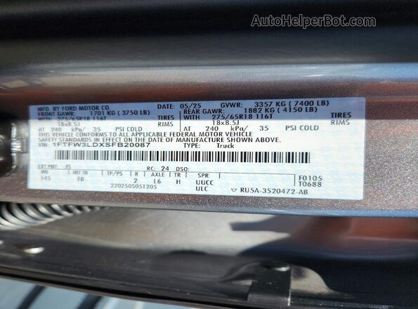 1FTFW3LDXSFB20087 2025 FORD F150 Silver VIN sticker view