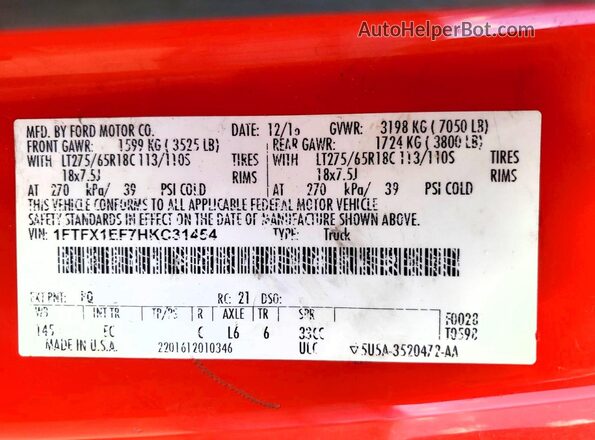 1FTFX1EF7HKC31454 2017 FORD F150 Red Вид підкапотного простору