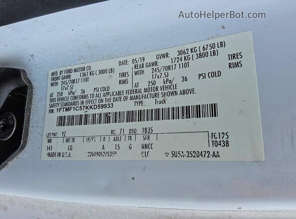 1FTMF1C57KKD59933 2019 FORD F150 White Շարժիչի բաժամունքի տեսք