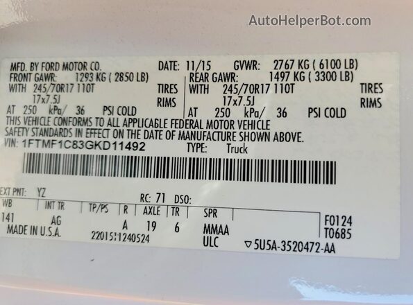 1FTMF1C83GKD11492 2016 FORD F150 White Вид підкапотного простору