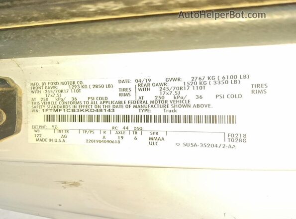 1FTMF1CB3KKD48143 2019 FORD F150 White Engine compartment view