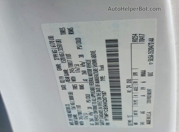 1FTMF1CB5KKD07187 2019 FORD F150 White Widok naklejki z numerem VIN