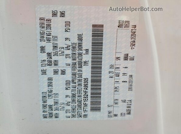 1FTMF1E82HFA99305 2017 FORD F150 White Widok naklejki z numerem VIN