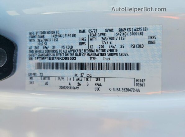 1FTMF1EB7NKD99503 2022 FORD F150 White ძრავის განყოფილების ხედი