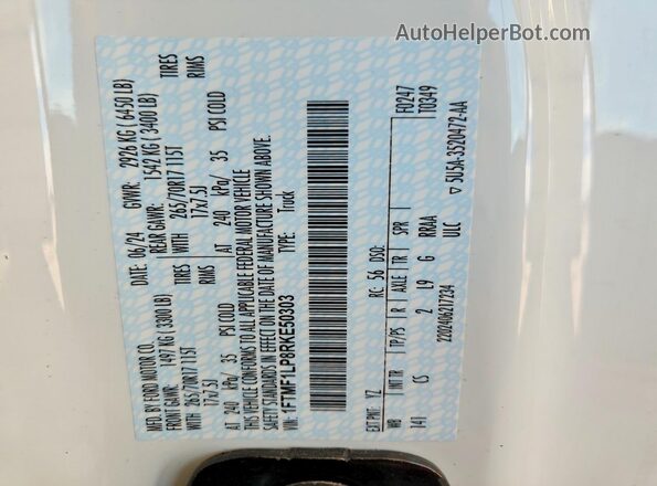 1FTMF1LP8RKE50303 2024 FORD F150 White VIN կոդի պիտակի տեսք