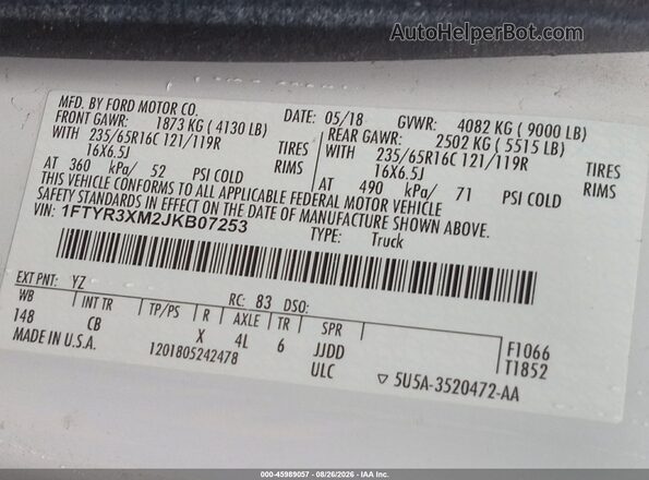 1FTYR3XM2JKB07253 2018 FORD TRANSIT-250 White Vista de la etiqueta del VIN