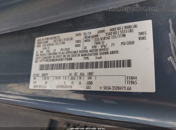 1FTYR3XM2KKB17699 2019 FORD TRANSIT-250 Blue Вид підкапотного простору
