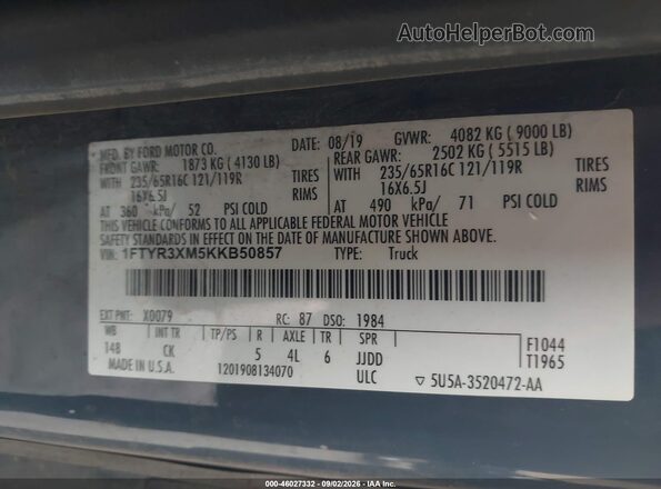 1FTYR3XM5KKB50857 2019 FORD TRANSIT-250 Blue Widok naklejki z numerem VIN