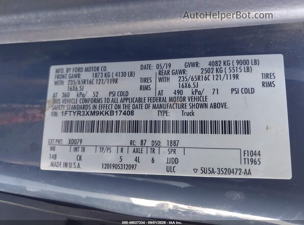 1FTYR3XM9KKB17408 2019 FORD TRANSIT-250 Dark Blue Vista del compartimento del motor
