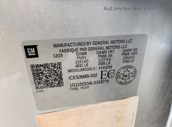 1G1105S34LU108779 2020 CHEVROLET IMPALA Silver Vista del compartimento del motor
