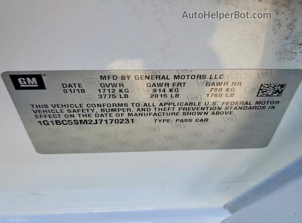 1G1BC5SM2J7170231 2018 CHEVROLET CRUZE Белый Вид наклейки с VIN-кодом
