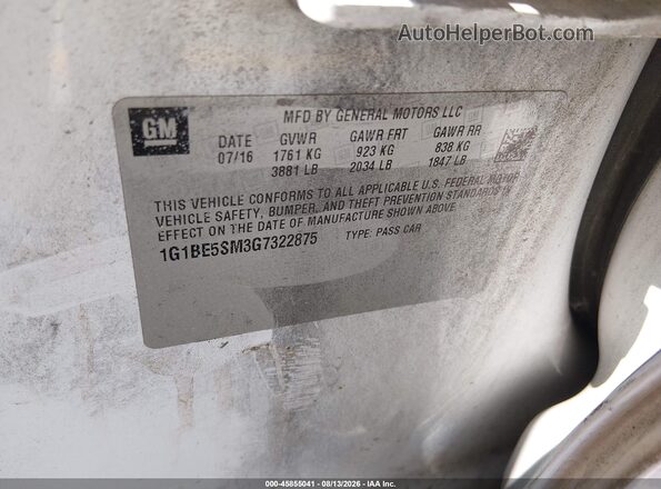 1G1BE5SM3G7322875 2016 CHEVROLET CRUZE White Widok komory silnika