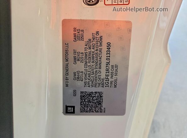 1G1FE1R75L0133450 2020 CHEVROLET CAMARO White Вид підкапотного простору