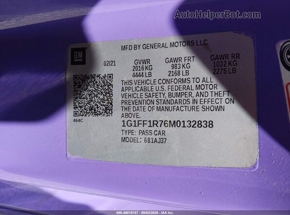 1G1FF1R76M0132838 2021 CHEVROLET CAMARO Purple Widok komory silnika