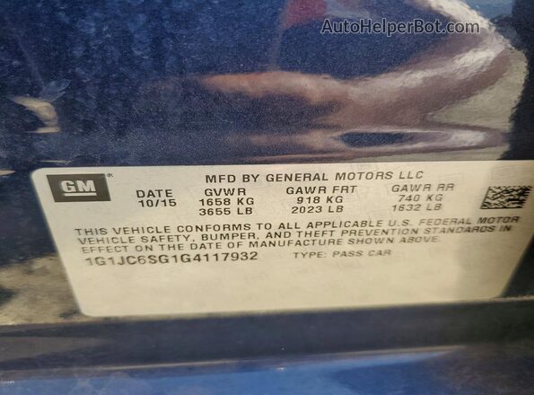 1G1JC6SG1G4117932 2016 CHEVROLET SONIC Blue ძრავის განყოფილების ხედი