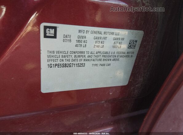 1G1PE5SB2G7115253 2016 CHEVROLET CRUZE Red Vista del compartimento del motor