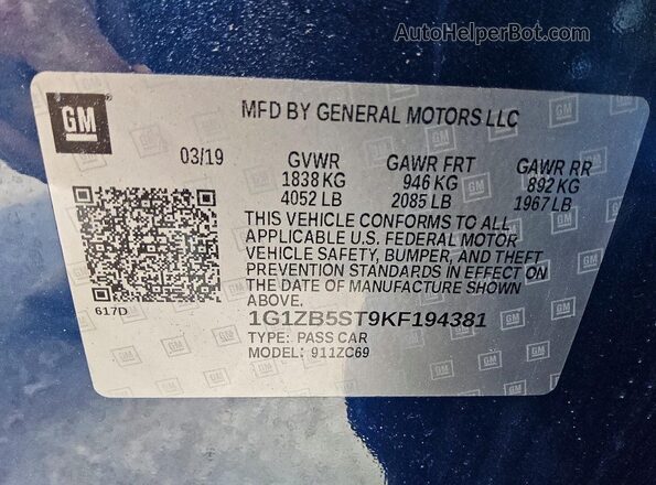 1G1ZB5ST9KF194381 2019 CHEVROLET MALIBU Blue Vista del compartimento del motor