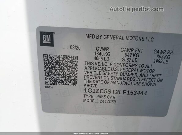 1G1ZC5ST2LF153444 2020 CHEVROLET MALIBU Белый Вид подкапотного пространства