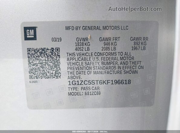 1G1ZC5ST6KF196618 2019 CHEVROLET MALIBU Silver ძრავის განყოფილების ხედი