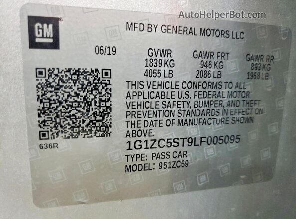 1G1ZC5ST9LF005095 2020 CHEVROLET MALIBU Серебряный Вид наклейки с VIN-кодом