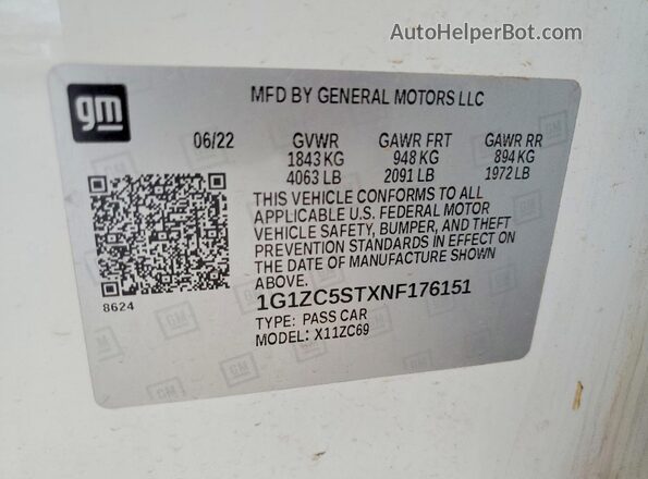 1G1ZC5STXNF176151 2022 CHEVROLET MALIBU White Engine compartment view