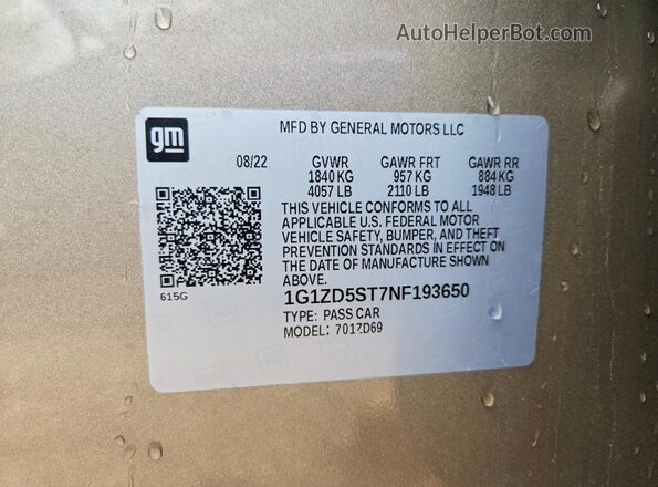 1G1ZD5ST7NF193650 2022 CHEVROLET MALIBU Tan VIN կոդի պիտակի տեսք