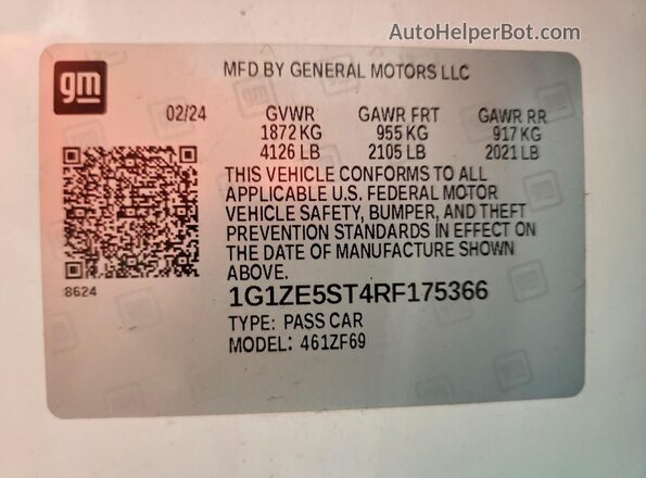 1G1ZE5ST4RF175366 2024 CHEVROLET MALIBU Белый Вид подкапотного пространства