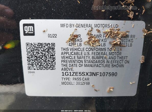 1G1ZE5SX3NF107590 2022 CHEVROLET MALIBU Black Вид підкапотного простору