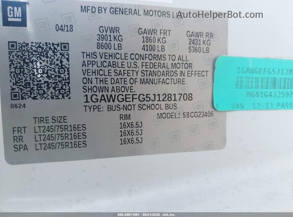 1GAWGEFG5J1281708 2018 CHEVROLET EXPRESS Белый Вид подкапотного пространства