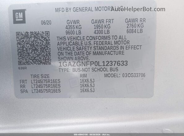 1GAZGNFP0L1237633 2020 CHEVROLET EXPRESS Silver ძრავის განყოფილების ხედი