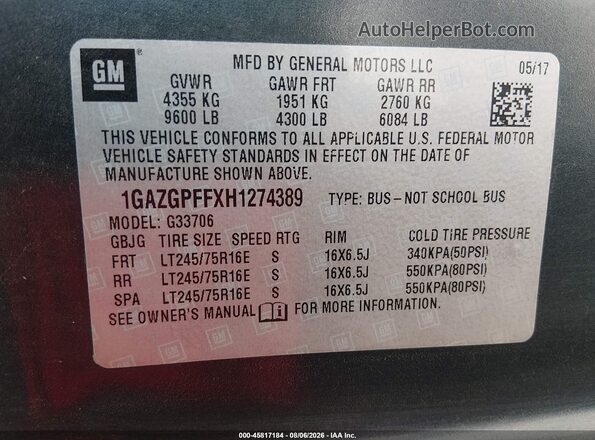 1GAZGPFFXH1274389 2017 CHEVROLET EXPRESS Gray Vista del compartimento del motor