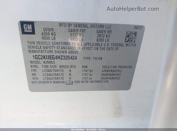 1GC2KUEG4HZ326424 2017 CHEVROLET SILVERADO White Widok komory silnika