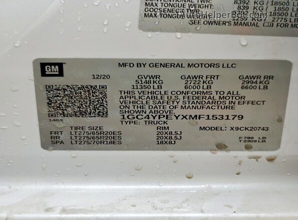 1GC4YPEYXMF153179 2021 CHEVROLET SILVERADO White VIN կոդի պիտակի տեսք