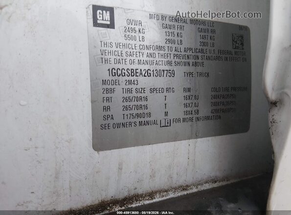 1GCGSBEA2G1307759 2016 CHEVROLET COLORADO White Вид підкапотного простору