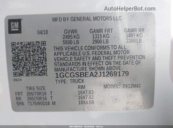 1GCGSBEA2J1269179 2018 CHEVROLET COLORADO Белый Вид подкапотного пространства
